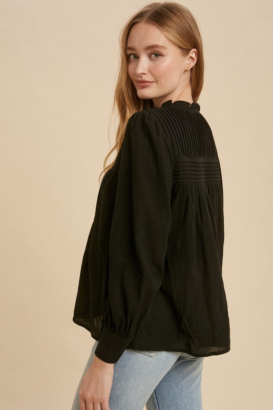 Pintuck Pleated Mock Neck Cotton Blouse Black