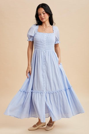 Karen Smocked Button Down Blue Aura Maxi Dress