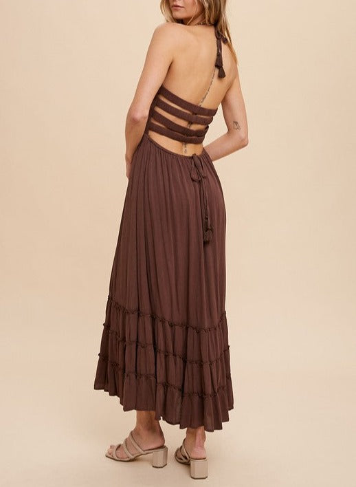 SMOCKED LATTICE BACK HALTER MAXI DRESS