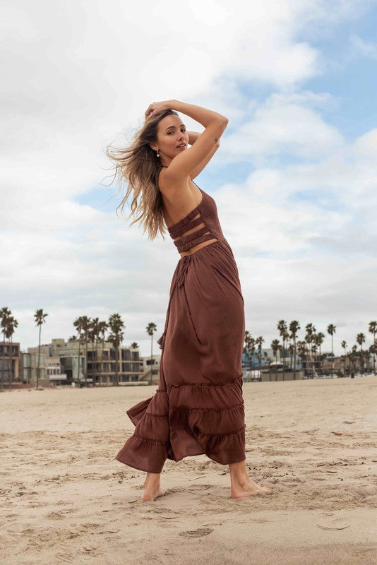 Smocked LATTICE Back Halter Maxi Brown Dress Large