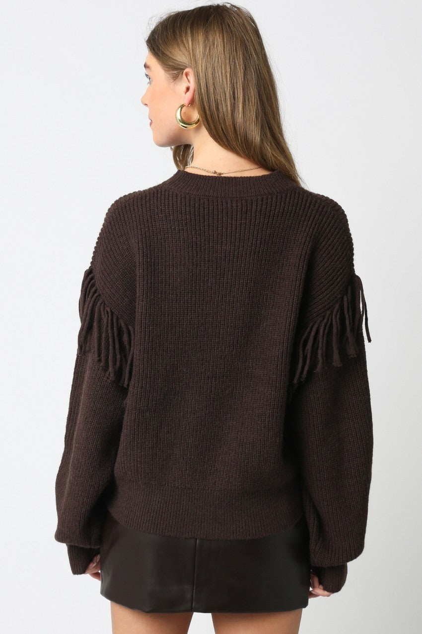 Mesina Fringe Knit Espresso Brown Sweater