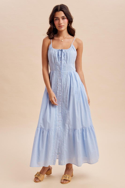 Susan Gathered Cotton Button Down Blue Maxi Dress