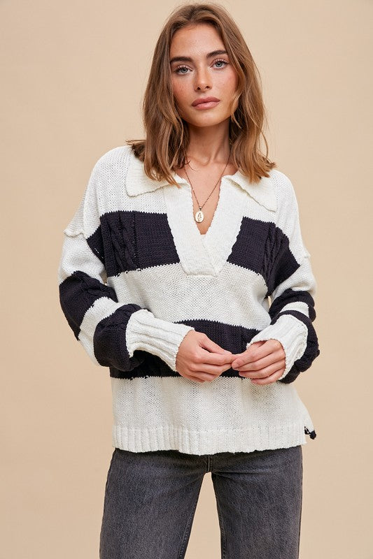 Striped Cotton Rugby Cable Knit Sweater Black
