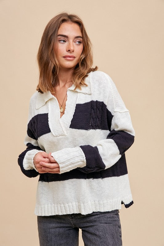 Striped Cotton Rugby Cable Knit Sweater Black