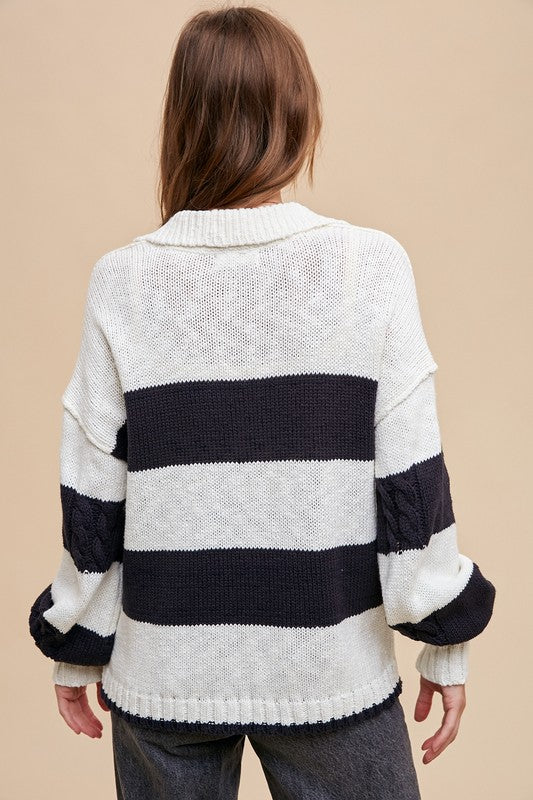 Striped Cotton Rugby Cable Knit Sweater Black