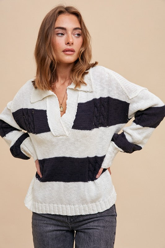 Striped Cotton Rugby Cable Knit Sweater Black