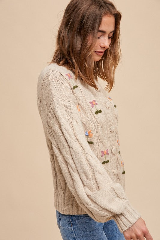Embroidered Cable Knit Cardigan