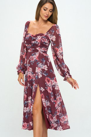 FLORAL CINCHED BUST LONG SLEEVE SLIT MIDI DRESS