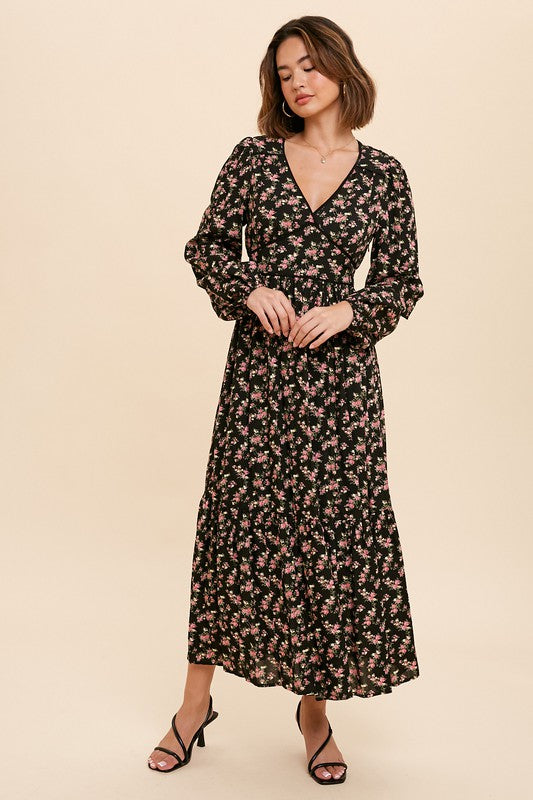 GARDEN PARTY FLORAL V NECK LONG SLEEVE MAXI DRESS