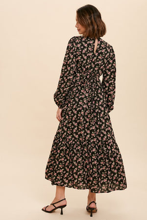 GARDEN PARTY FLORAL V NECK LONG SLEEVE MAXI DRESS