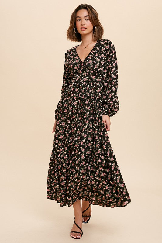 floral print v neck long sleeve maxi dress Zoelnic Women's Fall Long Sleeve Maxi Dress Boho Floral Print V Neck Empire Waist A Line Flowy Dresses, S