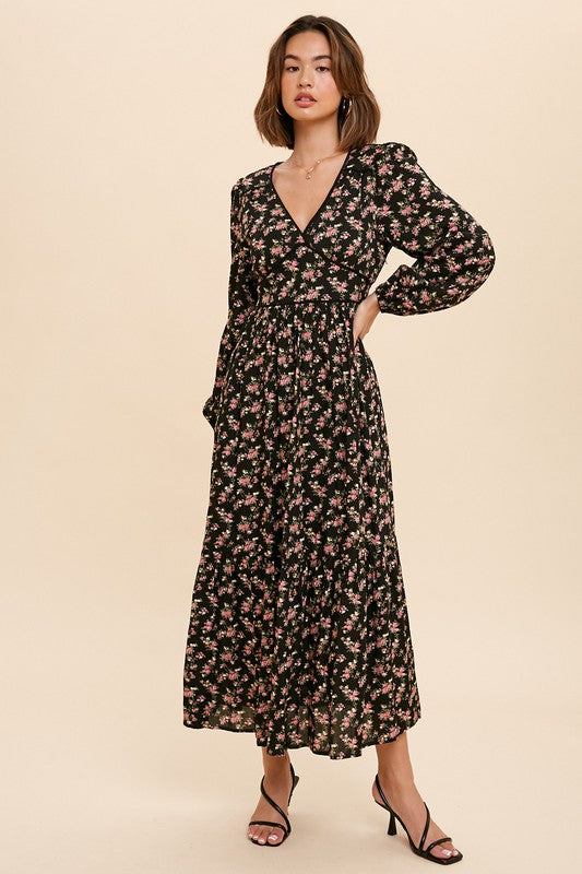 GARDEN PARTY FLORAL V NECK LONG SLEEVE MAXI DRESS