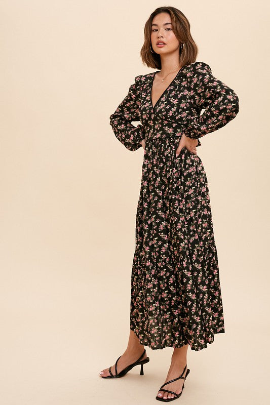 GARDEN PARTY FLORAL V NECK LONG SLEEVE MAXI DRESS