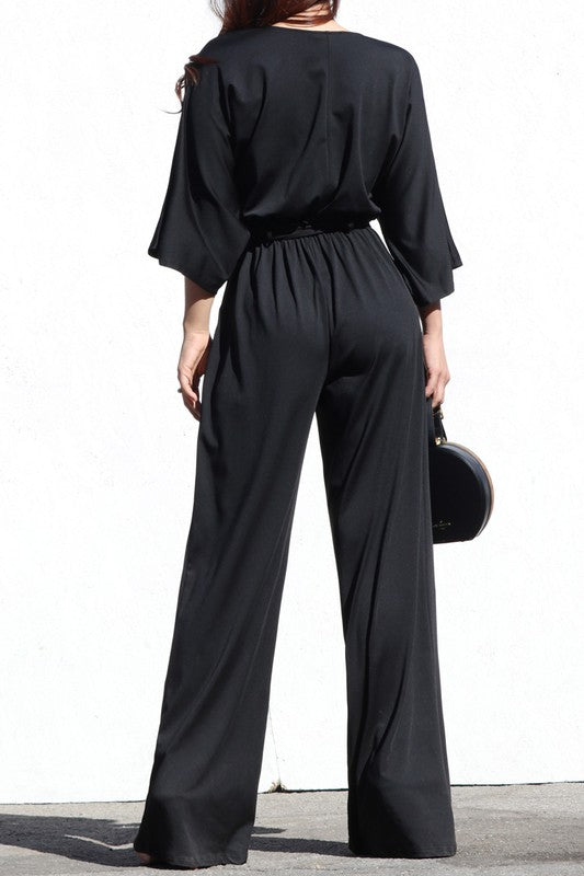 V NECK VENETIAN WIDE LEG JUMPSUIT  WITH TIE Black