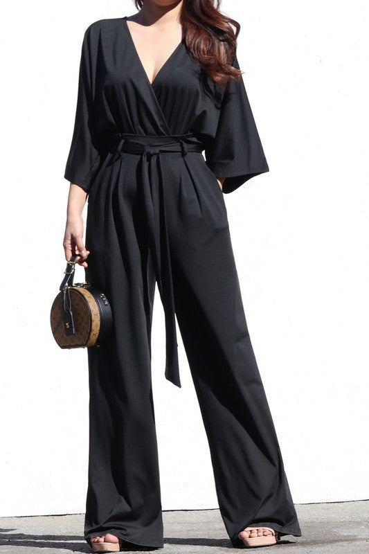 V NECK VENETIAN WIDE LEG JUMPSUIT  WITH TIE Black