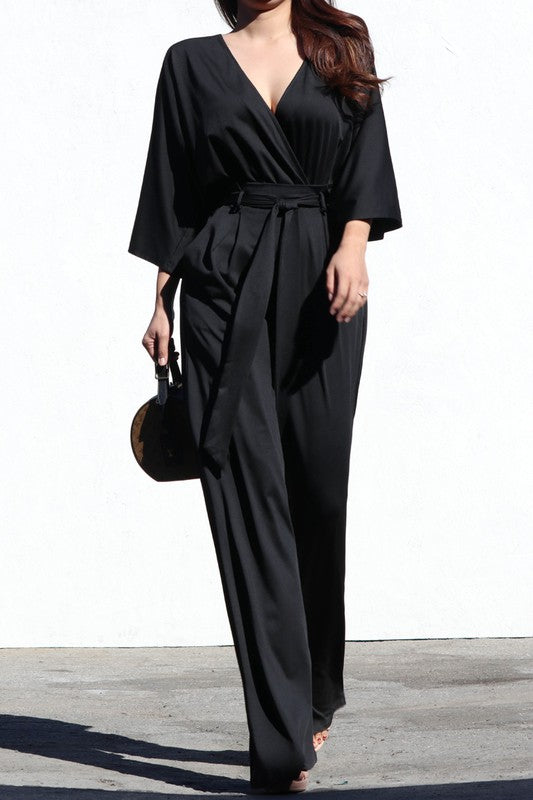 V NECK VENETIAN WIDE LEG JUMPSUIT  WITH TIE Black