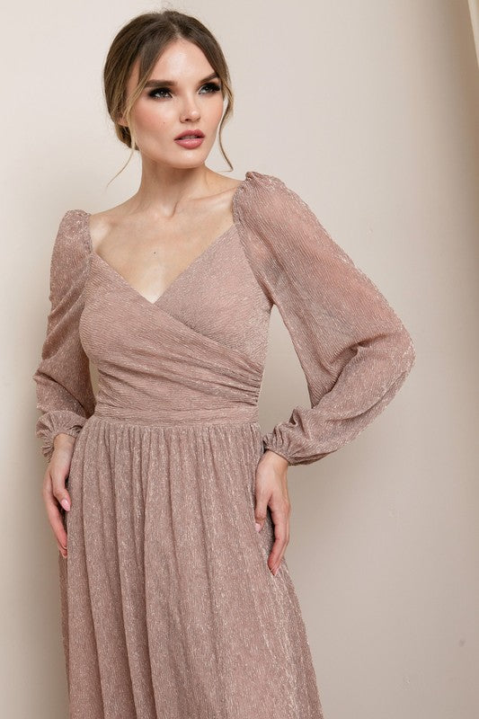 CROSSOVER SURPLICE NECKLINE LONG SLEEVE MAXI DRESS-ROSE GOLD (S-XL)