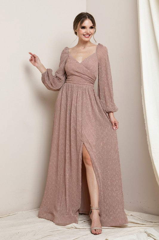 CROSSOVER SURPLICE NECKLINE LONG SLEEVE MAXI DRESS-ROSE GOLD (S-XL)