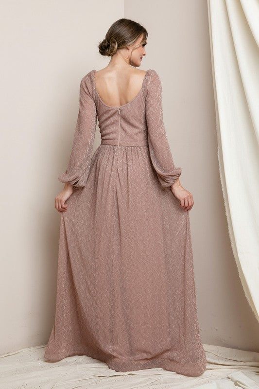 CROSSOVER SURPLICE NECKLINE LONG SLEEVE MAXI DRESS-ROSE GOLD (S-XL)