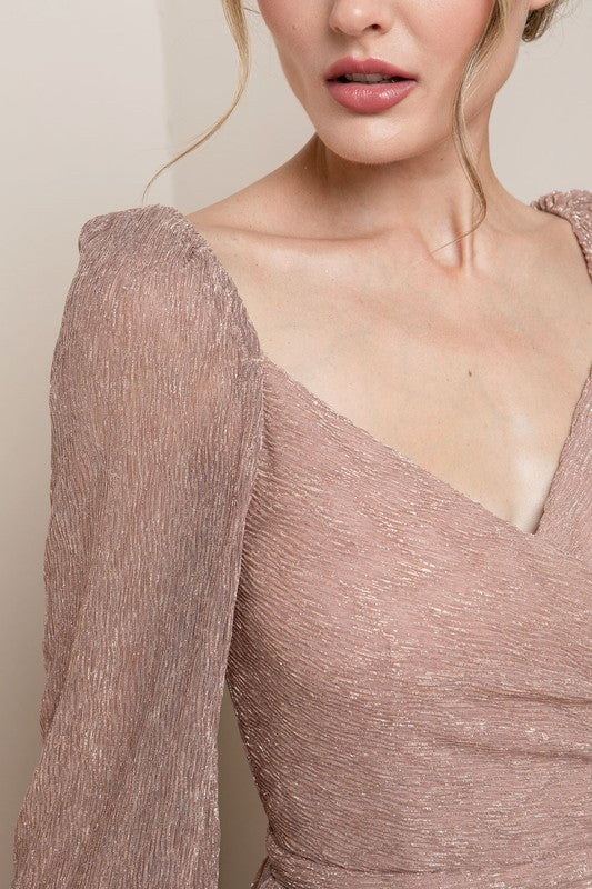 Surplice Neckline Long Sleeve Maxi Dress Rose Gold S-XL Medium Surplice Neckline Long Sleeve Maxi Dress Rose Gold S-XL Medium