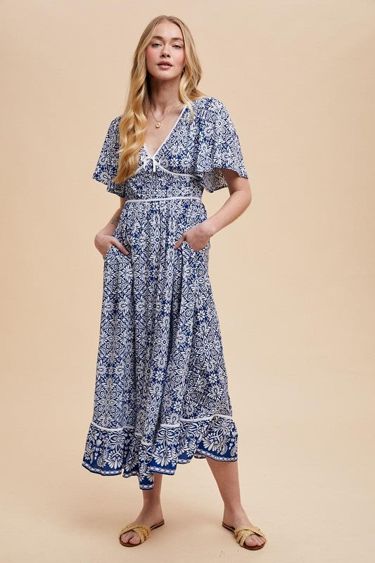 Floral Flutter Sleeve Resort Dress Blue Small Floral Flutter Sleeve Resort Dress Blue Small