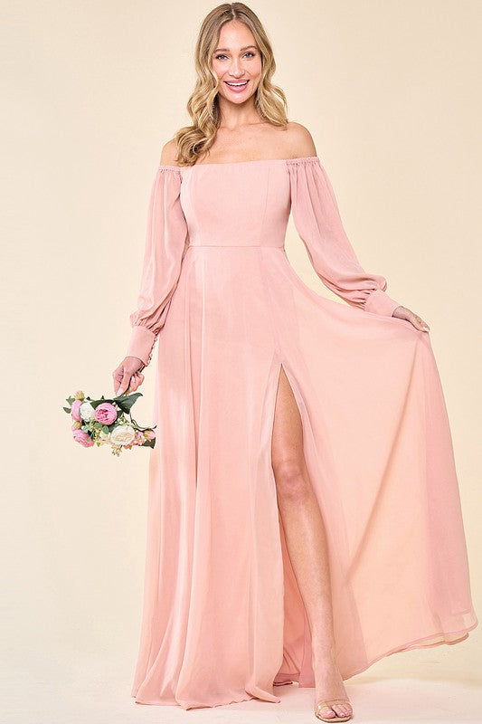 OFF SHOULDER CHIFFON SLIT MAXI DRESS PINK