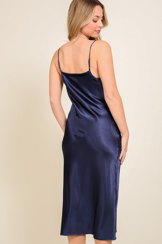 Satin cowl neck midi dress with slit - Navy