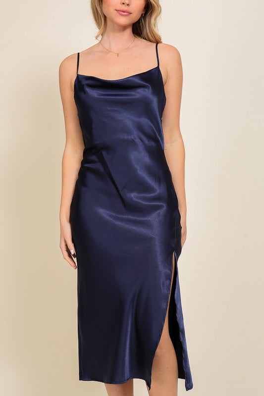 Satin cowl neck midi dress with slit - Navy