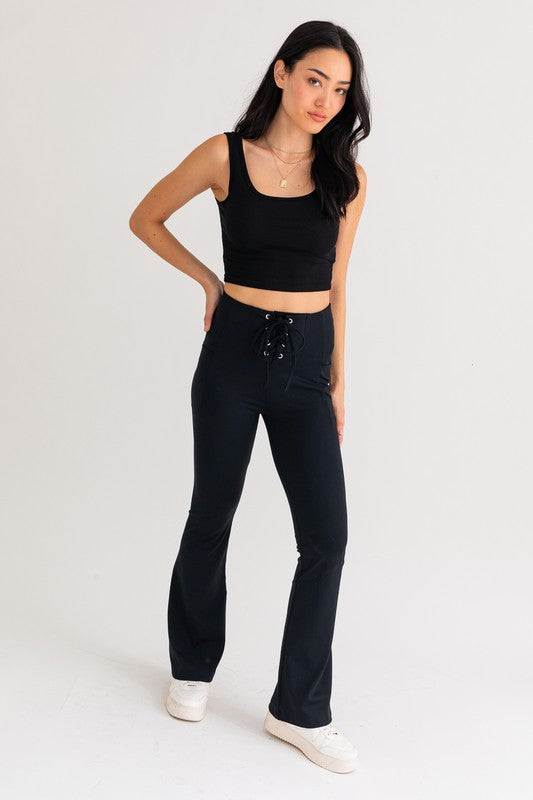 LACE UP FLARE STRETCHY PANTS