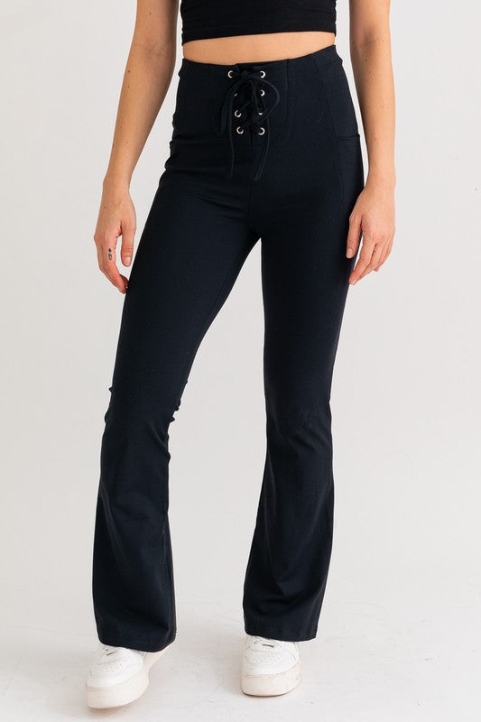 LACE UP FLARE STRETCHY PANTS