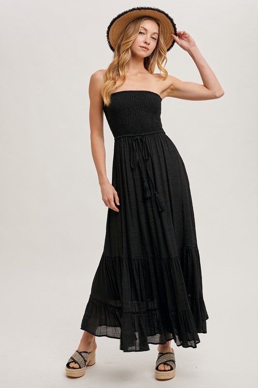 Smocked Strapless Tiered Ruffle Maxi Dress