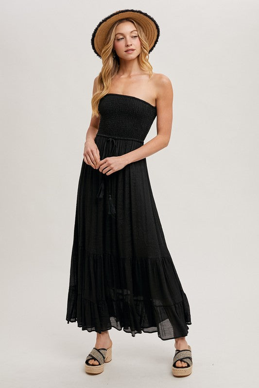 Smocked Strapless Tiered Ruffle Maxi Dress
