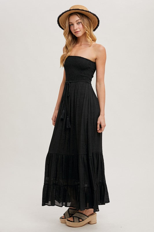 Smocked Strapless Tiered Ruffle Maxi Dress