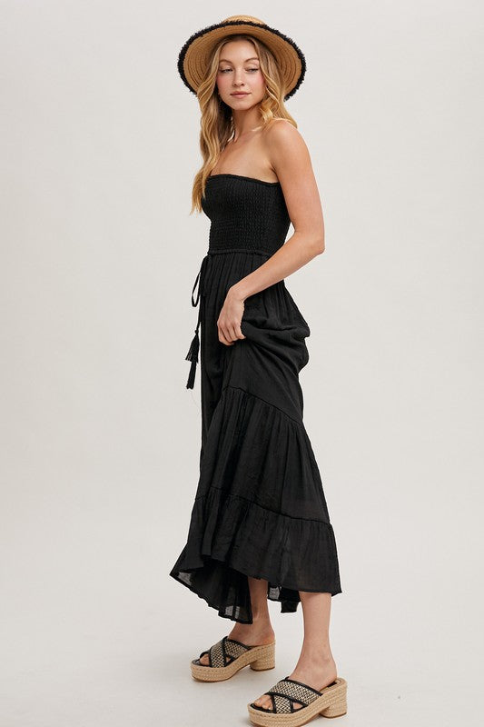Smocked Strapless Tiered Ruffle Maxi Dress