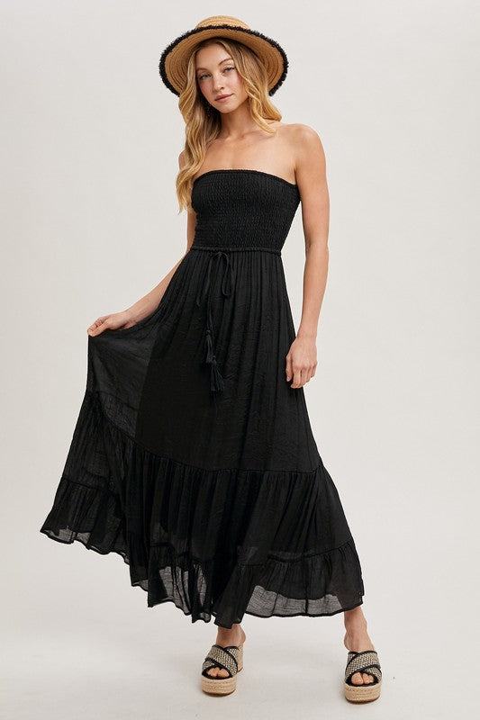 Smocked Strapless Tiered Ruffle Maxi Dress