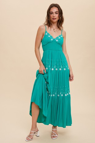 Audrey Smocked Waist Embroidered Sea Green Maxi Tiered Dress