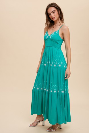 Audrey Smocked Waist Embroidered Sea Green Maxi Tiered Dress