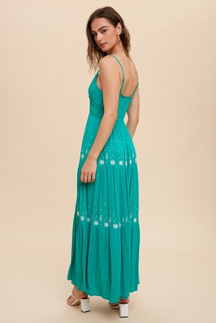 Audrey Smocked Waist Embroidered Sea Green Maxi Tiered Dress