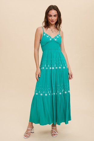 Audrey Smocked Waist Embroidered Sea Green Maxi Tiered Dress