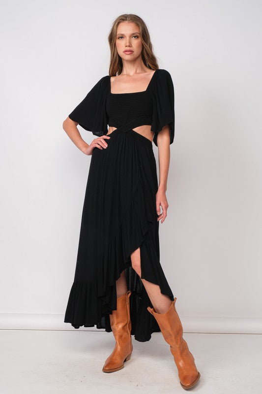 Solid 1/2 Sleeve Smoked Body Open Side High-Low Skirt Midi Dress