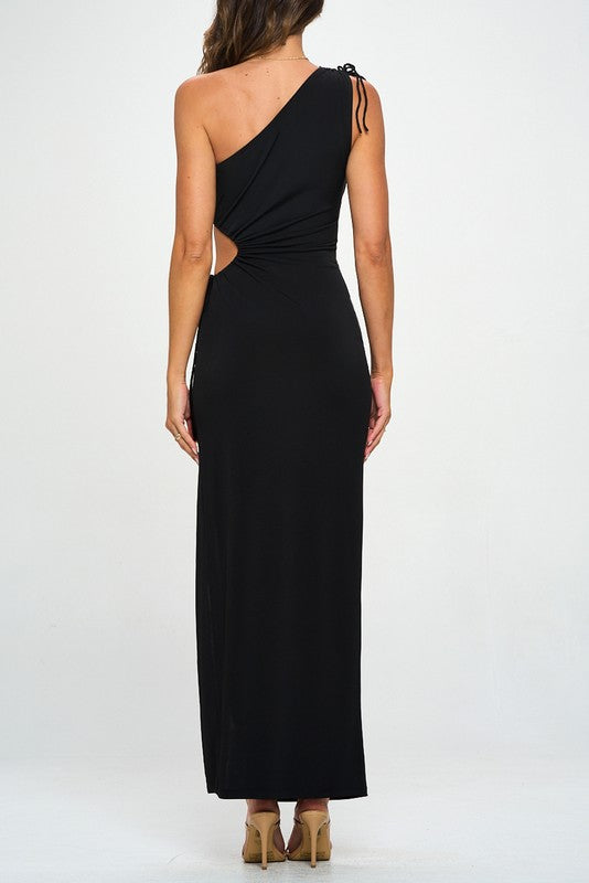 ONE SHOULDER SIDE CUTOUT DRAWSTRING MAXI BLACK DRESS