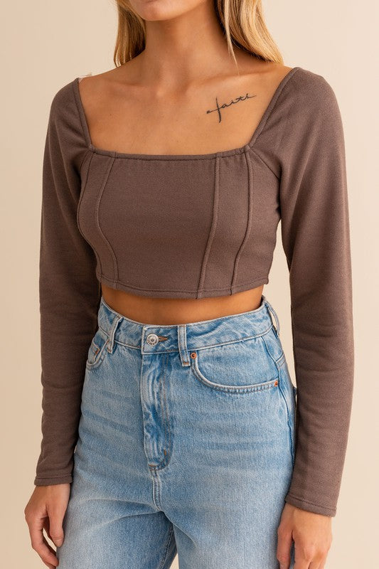 LONG SLEEVE CROP TOP-BROWN