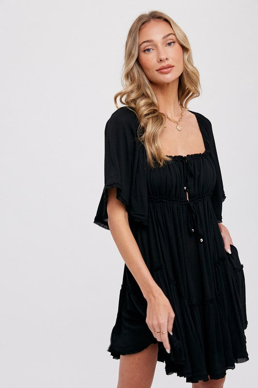 RUFFLE HEM RUCHED MINI BLACK DRESS