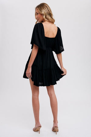 RUFFLE HEM RUCHED MINI BLACK DRESS