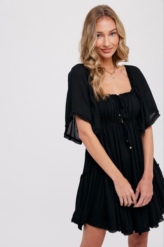 RUFFLE HEM RUCHED MINI BLACK DRESS