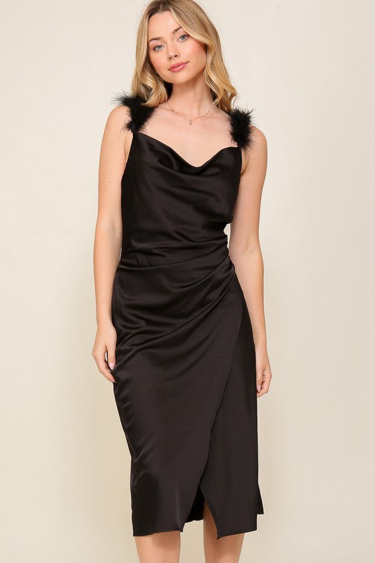 Fuzzy strap cowl neck satin midi dress