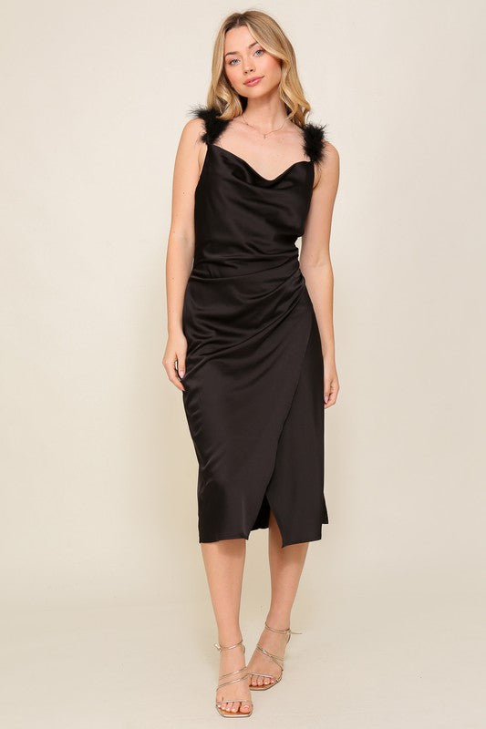 Fuzzy strap cowl neck satin midi dress