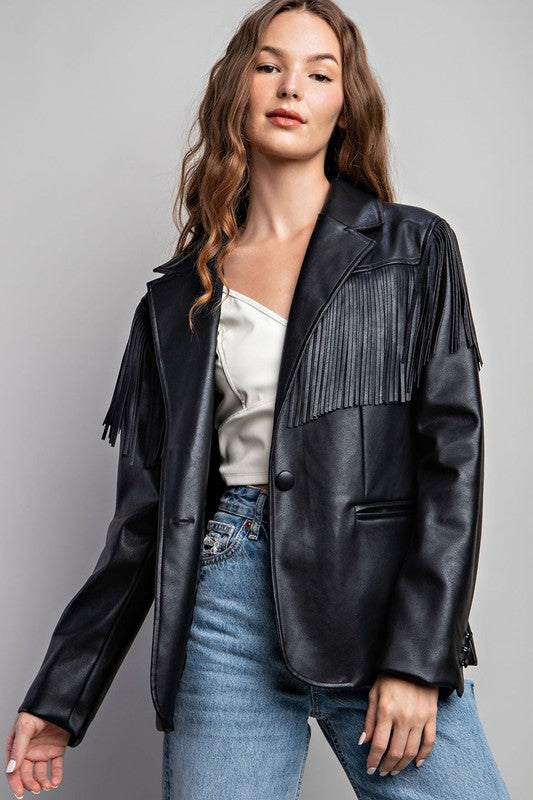 FRINGE LEATHER COLLAR JACKET