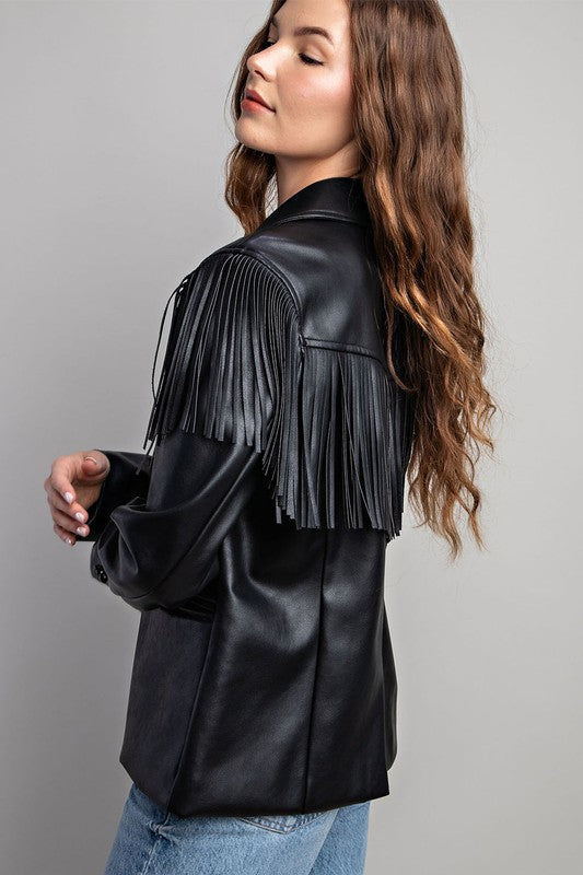 FRINGE LEATHER COLLAR JACKET