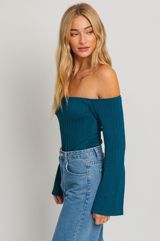 BELL SLEEVE OFF SHOULDER BODYSUIT-TEAL